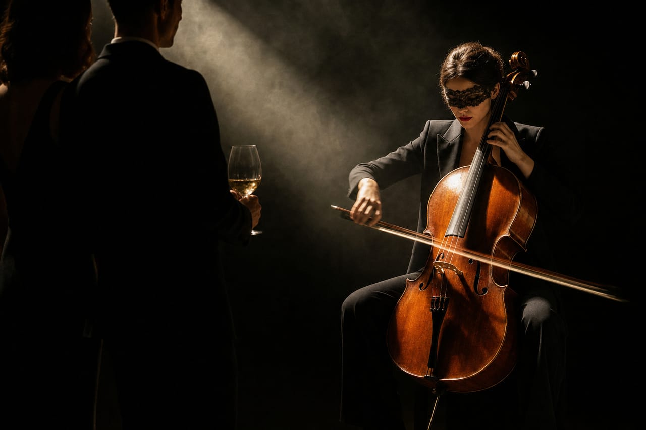 Conceptual AI-generated imagery, not a VEITCH project record: a masked cellist performs in a single beam of warm light while two guests in evening dress watch from the shadows of the same floor.