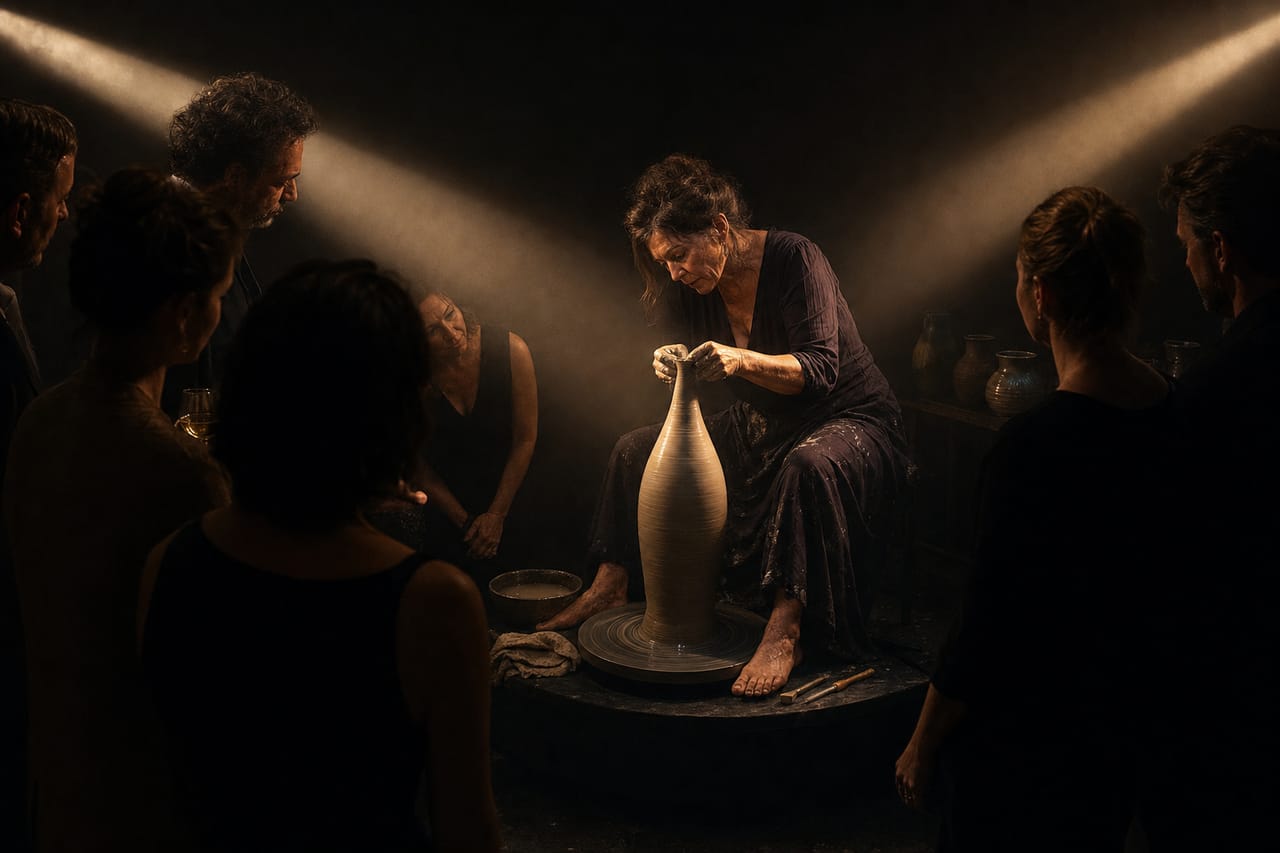 Conceptual AI-generated imagery, not a VEITCH project record: a potter raises a tall vessel on a wheel under two crossing beams of light while evening guests gather close around the single pool of light.