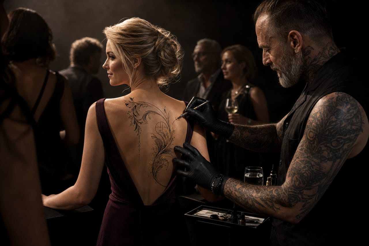 Conceptual AI-generated imagery, not a VEITCH project record: an artist applies delicate temporary body art to a guest's back during an evening gathering, other guests in conversation behind them.