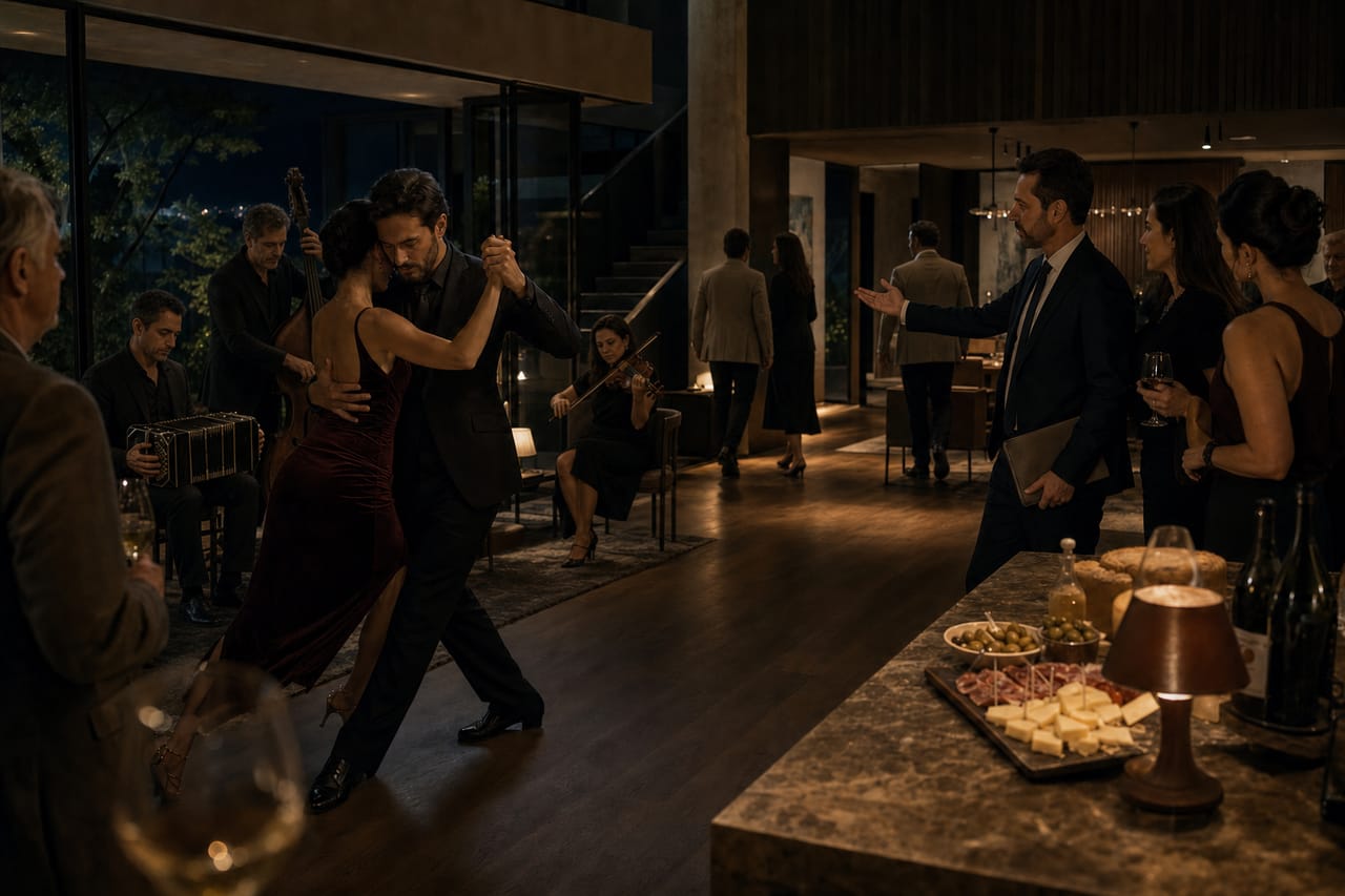 Conceptual imagery: two dancers in a warm living room while guests watch from close by.