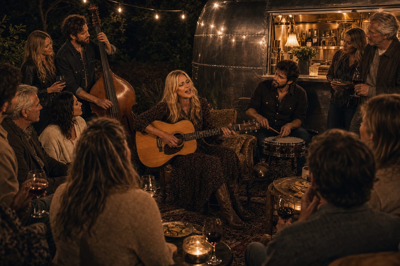 Conceptual AI-generated imagery, not a VEITCH project record: a singer with an acoustic guitar performs at night inside a close circle of guests, string lights above and a warm-lit airstream bar behind the musicians.