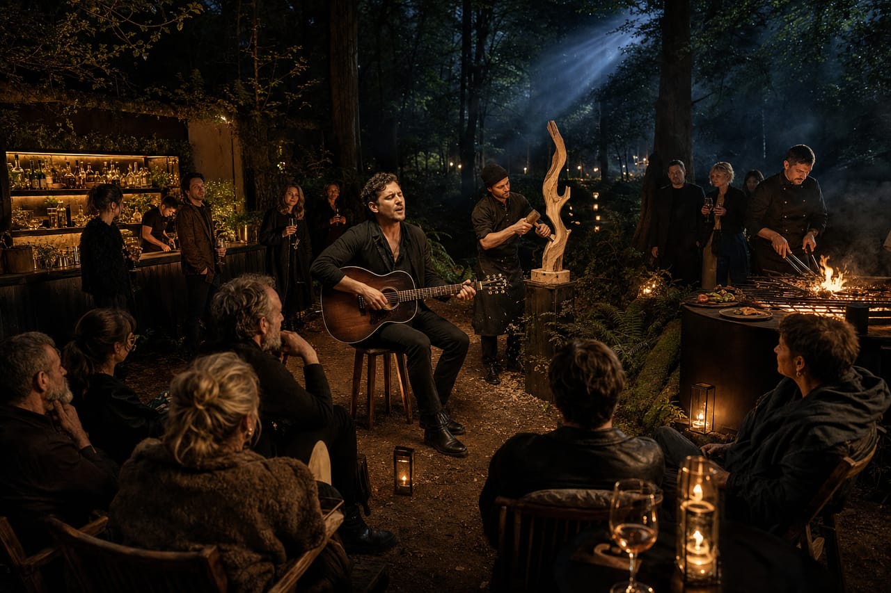 Conceptual imagery: a long dinner table set deep in a forest, lit warm against the green dusk.
