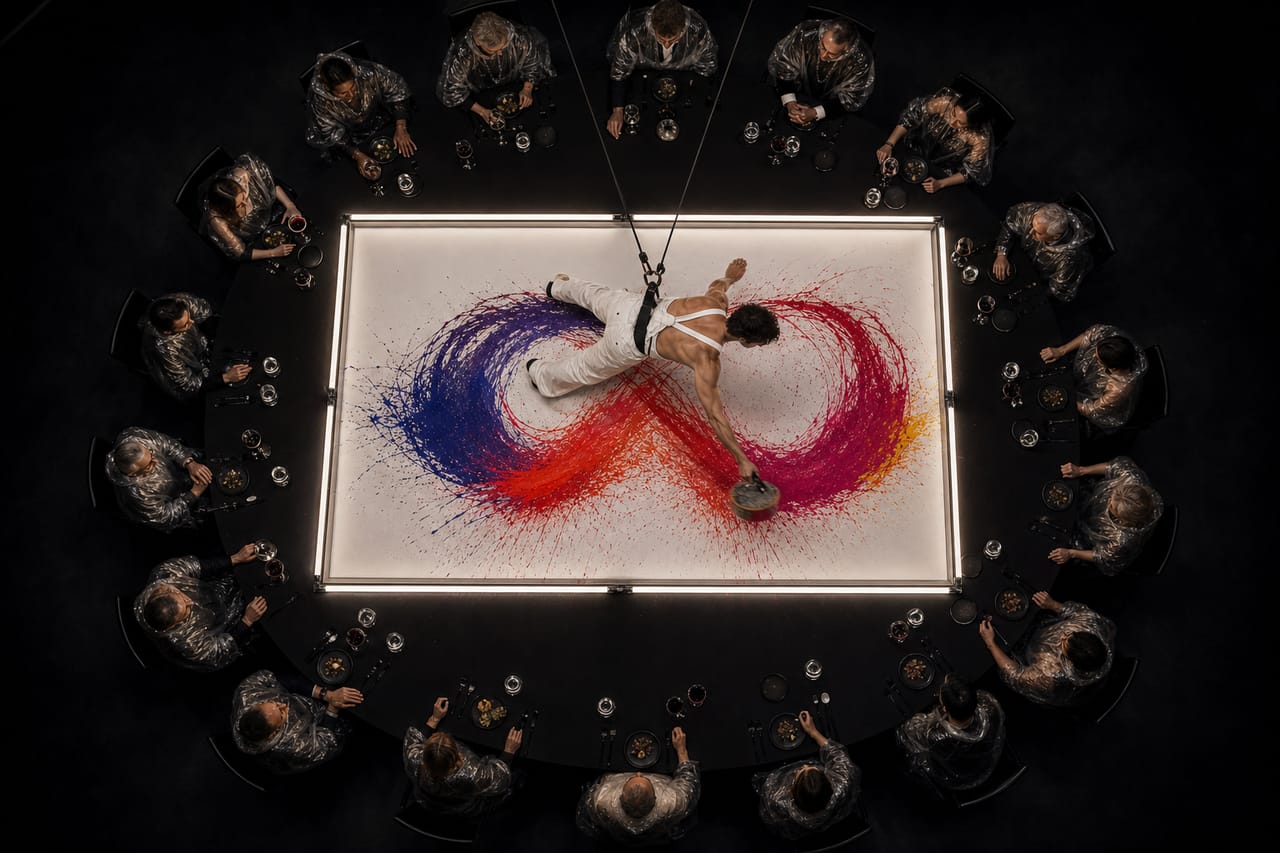 Conceptual AI-generated imagery, not a VEITCH project record: seen from above, guests seated around one darkened table watch an artist suspended over a white canvas, sweeping arcs of red and violet paint.