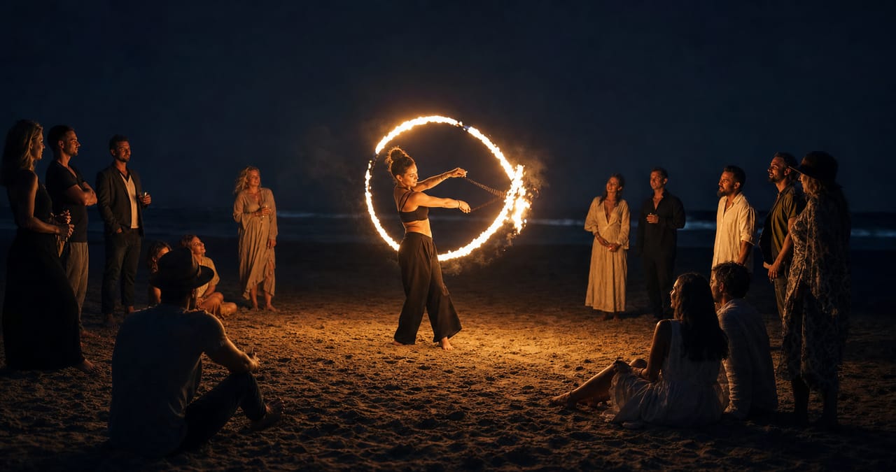 Conceptual imagery: a fire performer creates a bright circle of flame on a dark beach while guests share their attention around the live moment.