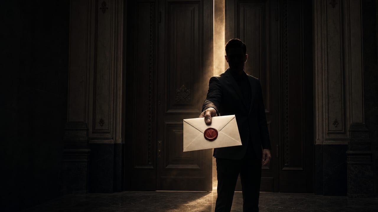 Conceptual AI-generated imagery, not a VEITCH project record: a host in a dark suit stands before grand, nearly closed panelled doors lit by one narrow blade of warm light, extending a sealed ivory invitation whose oxblood wax seal carries a capital V.