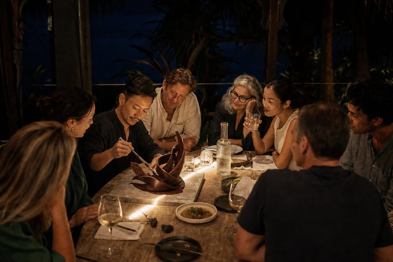 Conceptual imagery: clients gather around a chocolate artist shaping a sculpture at an intimate terrace dinner.