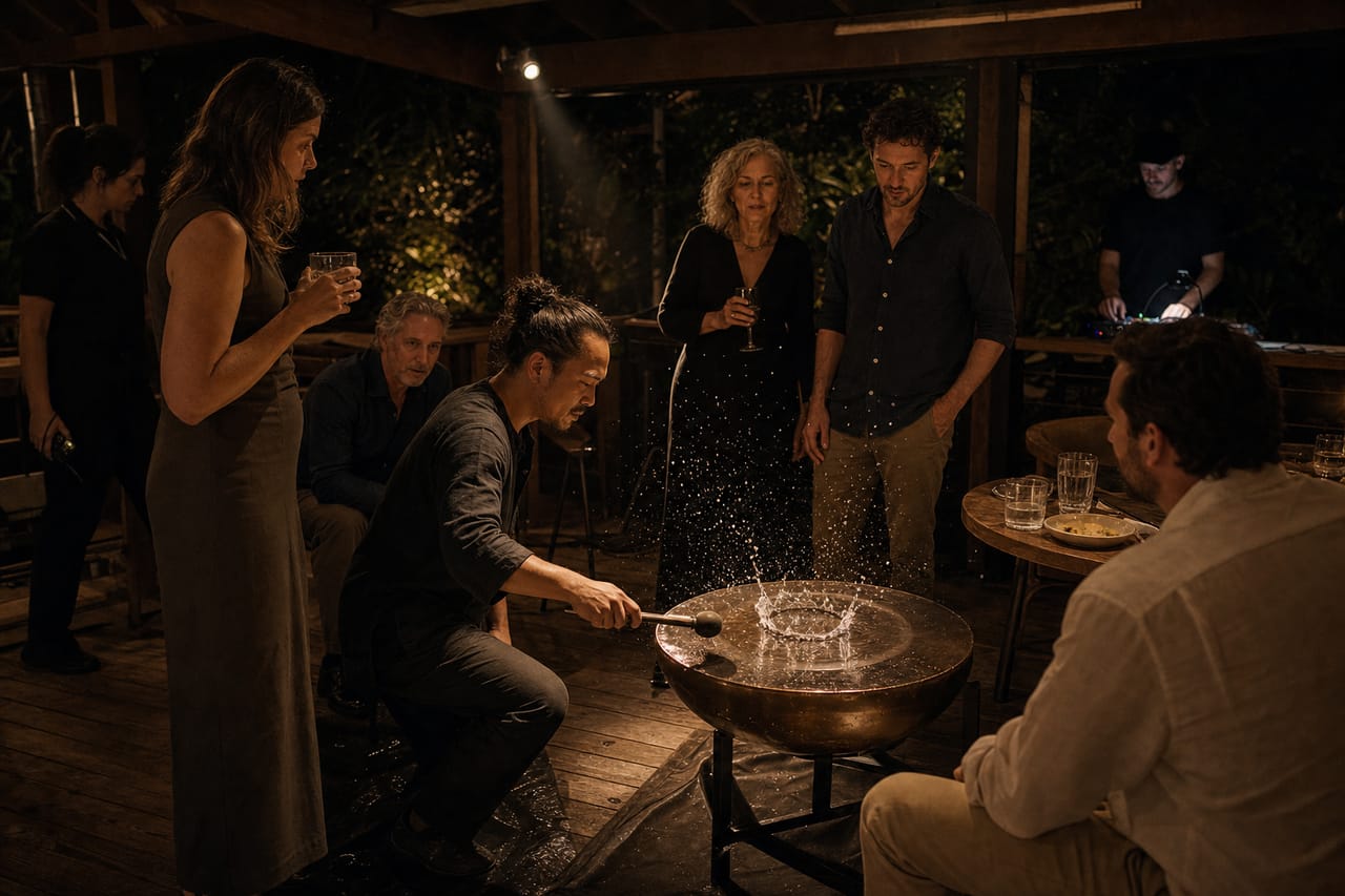 Conceptual imagery: a percussionist strikes a water drum while guests share the live moment and production operates at the edge.