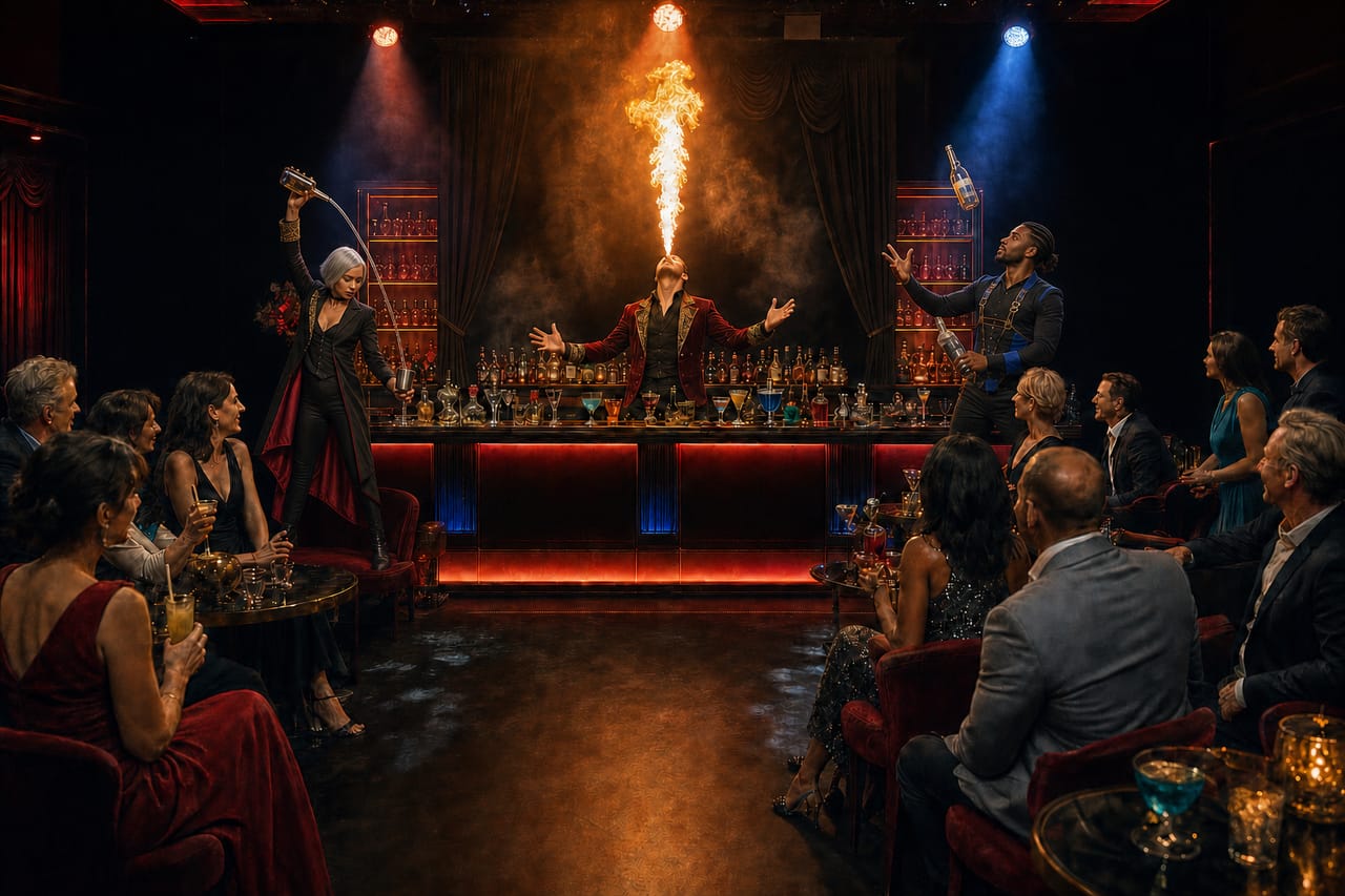 Conceptual imagery: three distinct cabaret bartenders perform a high pour, fire feature and bottle flair behind an illuminated bar for seated guests.