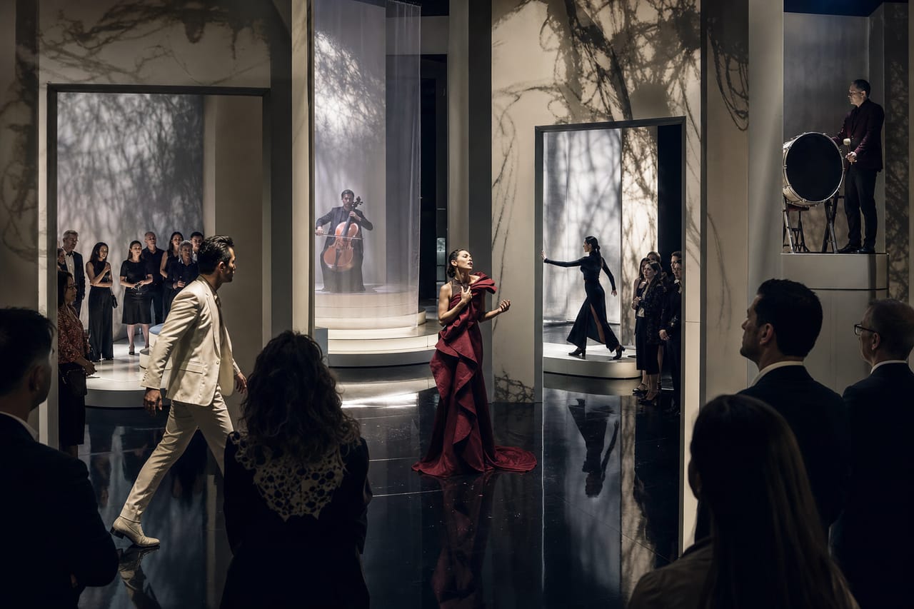 Conceptual imagery: guests stand inside an immersive chamber-theatre performance as actors, a cellist and a percussionist occupy interconnected scenic portals.